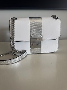 Michael Kors White Leather Crossbody with Silver Snake-Trim